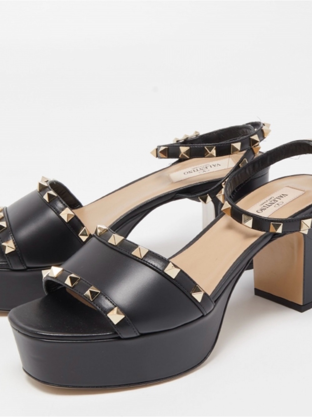 Valentino Black Leather Platform Sandals with Gold Studs